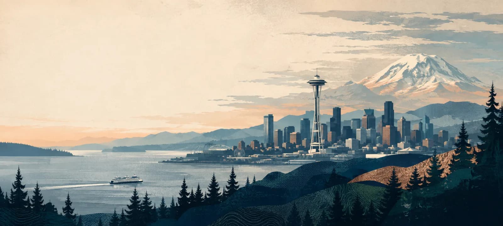An illustrated panorama of Seattle, Puget Sound, and Mount Rainier